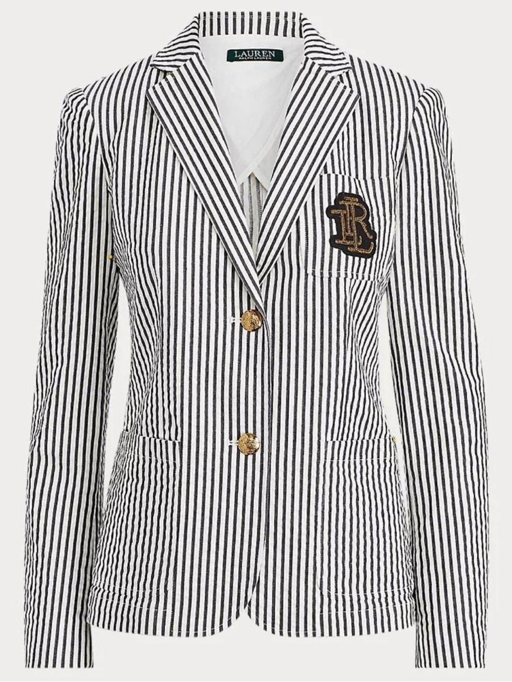 Lauren Ralph Lauren Striped Cotton Blazer LRL Crest Navy Cream Size 12 NWT